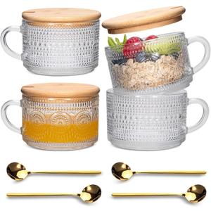 Vintage Coffee Tea Cups [4 Pack], 14 oz Glass Tea Coffee Mugs, Clear Embossed Glass Cups for Cappuccino, Latte,Cereal, Yogurt, Beverage (2 sunflower + 2 raindrop)