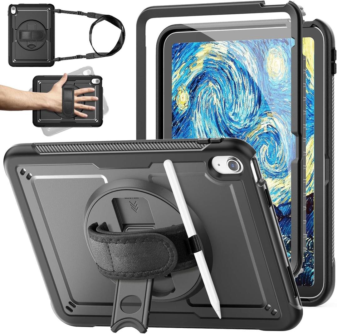 Case for iPad A16 11th/10th Generation Case 11/10.9 Inch 2025/2022, Drop Protection with Screen Protector & 360 Rotate Hand Strap/Stand, Shoulder Strap, Black