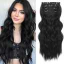 NAYOO Clip in Curly Hair Extensions 4PCS Long Wavy Synthetic Thick Hairpieces with Fiber Double Weft for Women Hair Full Head (24 Inch, Black)