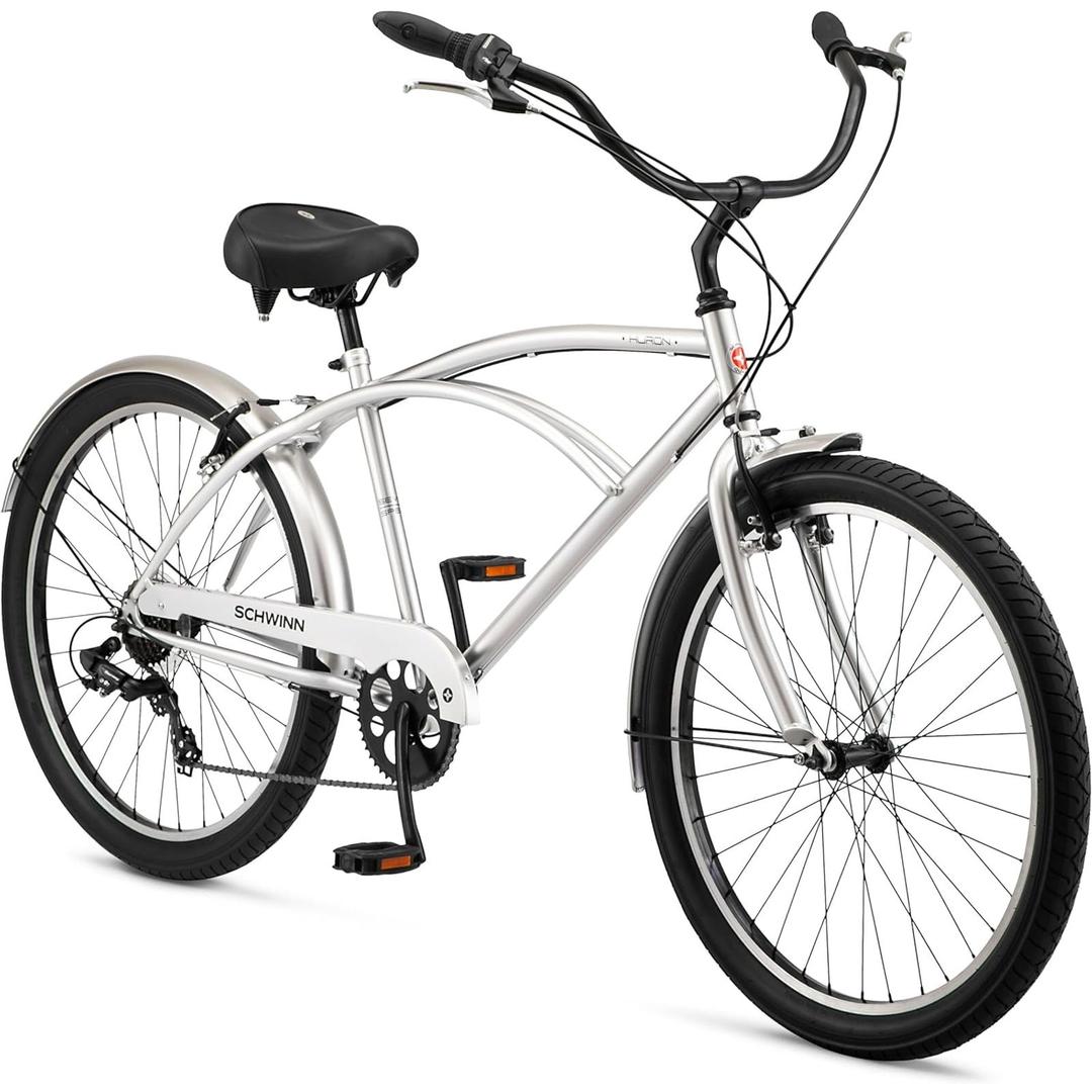 Schwinn Huron Adult Beach Cruiser Bike, 26-Inch Wheels, 18-Inch Steel Frame, 7-Speed Twist Shifters, Coaster Brakes, Silver