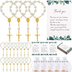 Quelay 50 Sets Funeral Favors for Guests, Mini Rosary Organza Bags Sympathy Thank You Cards Celebration of Life Favors for Memorial Party Supplies Funeral Guest Return Gifts (Gold)