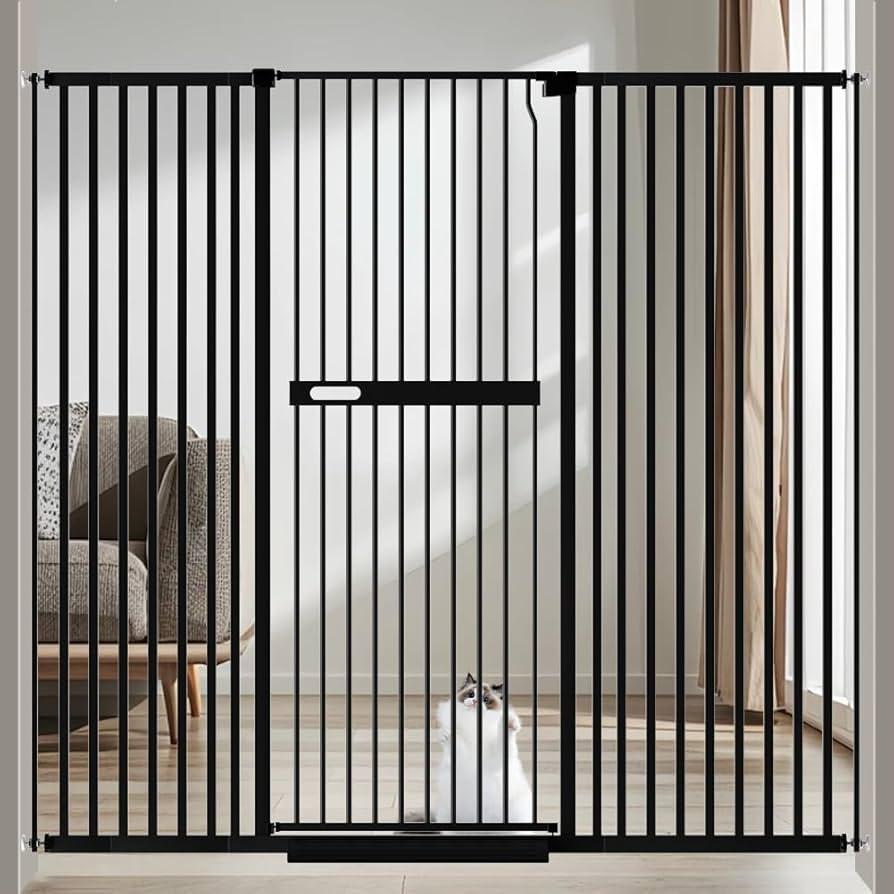 AiWMGL 71" Extra Tall Cat Pet Gate for Doorways Indoor Proof，29.92-61.42" Wide Tall Dog Puppy Safety Baby Gate for Cat Pet, Pressure Mounted No Drill Walk Through Black Metal
