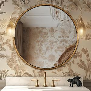 ANDY STAR 30 Inch Hand-Forged Round Gold Mirrors, Hammered Round Bathroom Mirror for Over Sink, Brass Vanity Circle Mirror for Antique, Vintage, Farmhouse, Rustic, Solid Steel Metal Frame