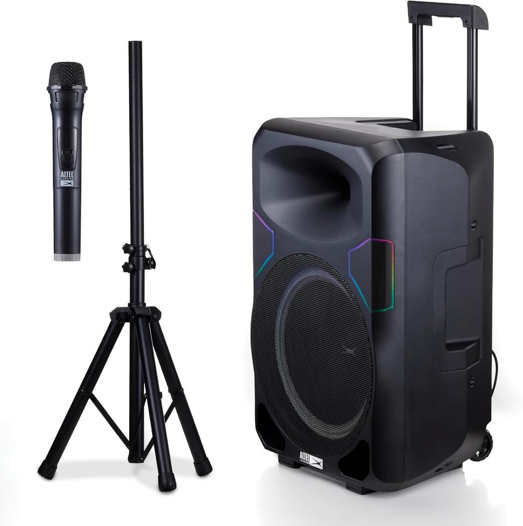 Altec Lansing Portable Speaker SOUNDROVER PRO 650, 650W Peak Power, Bi-Amplified, LED Lighting, Wireless Mic Included, Aux Input, Wall Powered Perfect for Parties, DJ and Karaoke