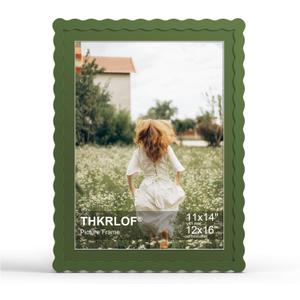 12x16 Picture Frame with Mat for 11x14, Wavy Edge Wooden Real Glass Photo Frame for Wall Hanging, Green, 1 Pack