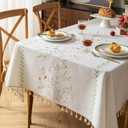 TEWENE Water Resistant Table Cloth for Rectangle Table, Cotton Linen Wrinkle Free Tablecloth with Boho Embroidery Tassel, Farmhouse for Dining & Kitchen, (55''x102''/8-10 Seats/Green Rose)