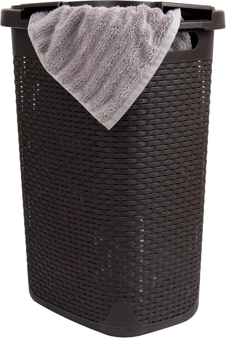 Mind Reader Slim Laundry Hamper with Lid, 60L Clothes Basket, Premium Wicker Design, Plastic, Brown (Single)