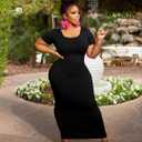 Mrskoala Women Plus Size Bodycon Maxi Dress Stretchy Knit Curve Hugging Short Sleeve Long Dresses Black, 3XL
