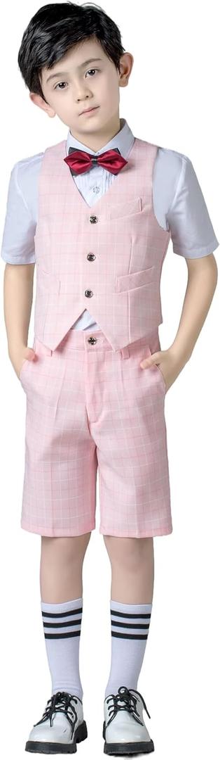 Boys Suits Slim Fit Formal Suits for Boy Tuxedo 2 Pcs Vest Shorts Set Lightweight Wedding Outfit (Pink)