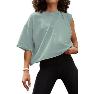 Carpetcom Oversized Workout Shirts for Women Short Sleeve Drop Shoulder Casual Crop Tops Baggy Gym Yoga Athletic Tee (Small, Light Gray Green)
