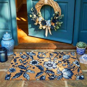 Jenaai Summer Mat, Floral Vintage Coir Doormat 16 x 29 for Porch, Entryway, Non-Slip, Elegant Blue Floral Design