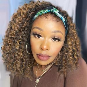 Headband Wig 14 Inch Kinky Curly Headband Wigs for Black Women Glueless No Lace Front Wig Deep Curly Half Hair Wigs Chocolate Brown with Blonde