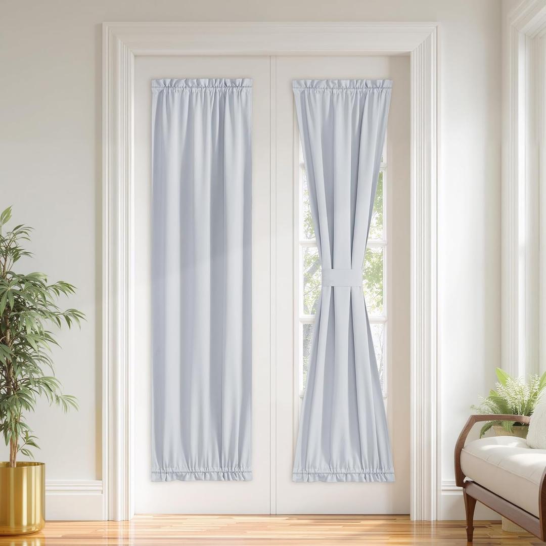 PONY DANCE French Door Curtain for Front Glass Patio Door, 100% Blackout Dual Rod Pocket Privacy Kitchen Curtains, Room Darkening Window Covering with Tieback, W25 x L66, Greyish White, 1 Panel