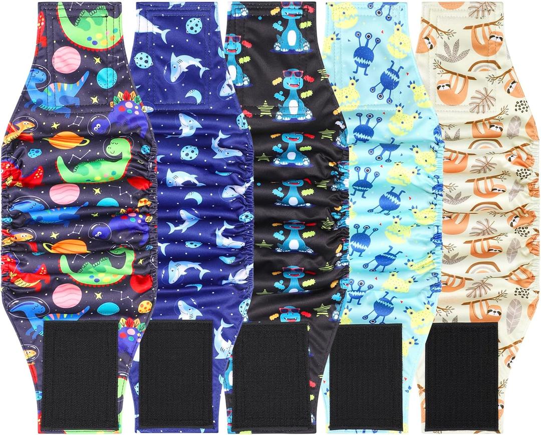 5 Pack Dog Diapers Male Reusable, Premium Belly Bands for Male Dogs, High Absorbing Male Dog Pee Wraps for Doggie in Incontinence or Excitable Urination and Training, Dino XL