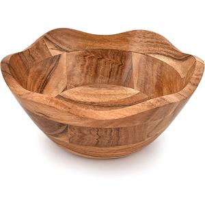 Fruit Bowl Acacia Wood Ruffle Decorative Style Home Decor for Dining Table Fits Bread, Fruits, Salad or Popcorn (9" x 9" x 4")
