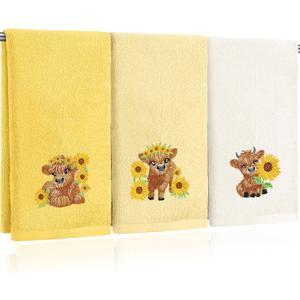 3 Pcs Sunflower Highland Cow Hand Towels Embroidered Highland Cow Farmhouse Yellow Decorative Bathroom Towels for Bathroom Kitchen Decor, 100% Cotton, 13.3 x 29.5'' (Bright Color)