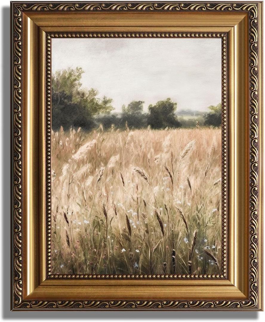 ASTRDECOR Vintage Wildflower Wall Art, Gold Framed Wall Art Farmhouse Wall Decor Wildflower Field Landscape Oil Painting, Neutral Spring Country Scenery Pictures Wall Decor, Vintage Artwork - 9"x12"