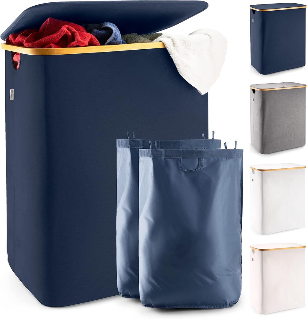 LONBET Laundry Basket with Lid, Made from Breathable Fabric | Aesthetic Clothes Hampers for Laundry with Side Handles & Sturdy Bamboo Frame (40 Gallons - Double, Blue)