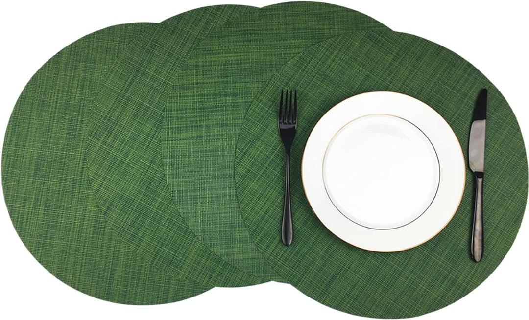 WAZAIGUR Round Placemats Set of 4 Woven Vinyl Easy to Clean Heat Resistant Kitchen Table Mats 15 Inch(Hunter Green 4)