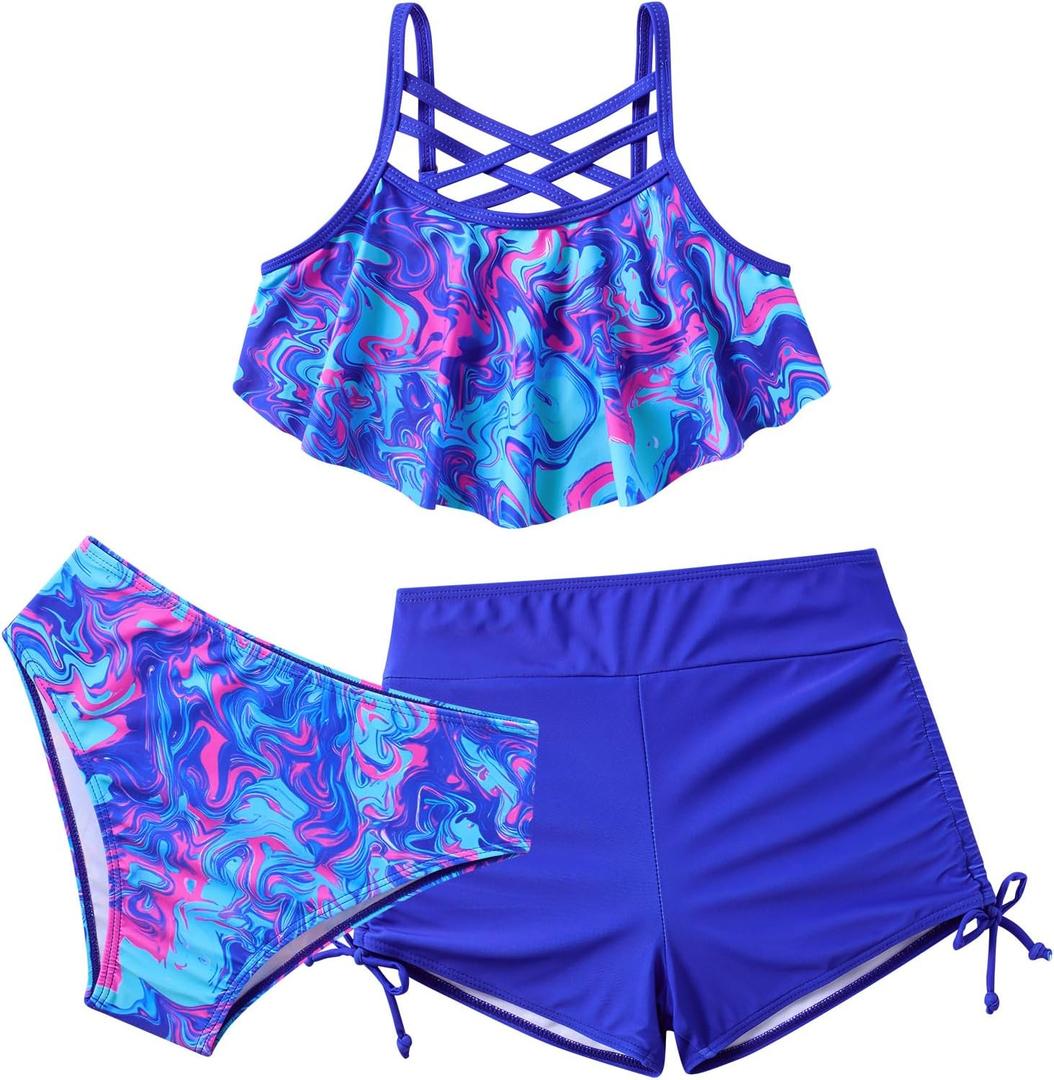 Girls Swimsuit Kids Bathing Suit 3 Pieces Bikini Set with Shorts Adjustable Swimwear (11-12 Years, Dark Tie Dye)