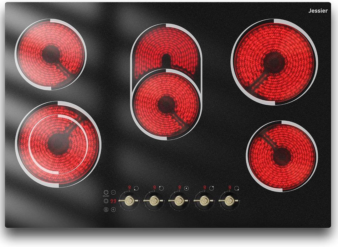 Electric Cooktop 30 Inch - 8400W High Power 5 Burners Electric Stovetop, Built-in 30 Inches Ceramic Burner Knob and Touch, Timer, Safety Lock, Expandable Ring, 220-240V Hard Wired (No Plug)