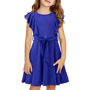 storeofbaby Girls Casual Ruffle Dress Elegant A-Line Flowy Dresses with Belt 5-14 Years (8-9 Years)
