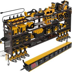 XLarge 64''W Power Tool Organizer Wall Mount | 8-Outlet TR Charging Station | Modular&Corner-Fit 820lbs Garage Storage Rack with 8 Cordless Drill Holder | Shelf for Workshop Organization