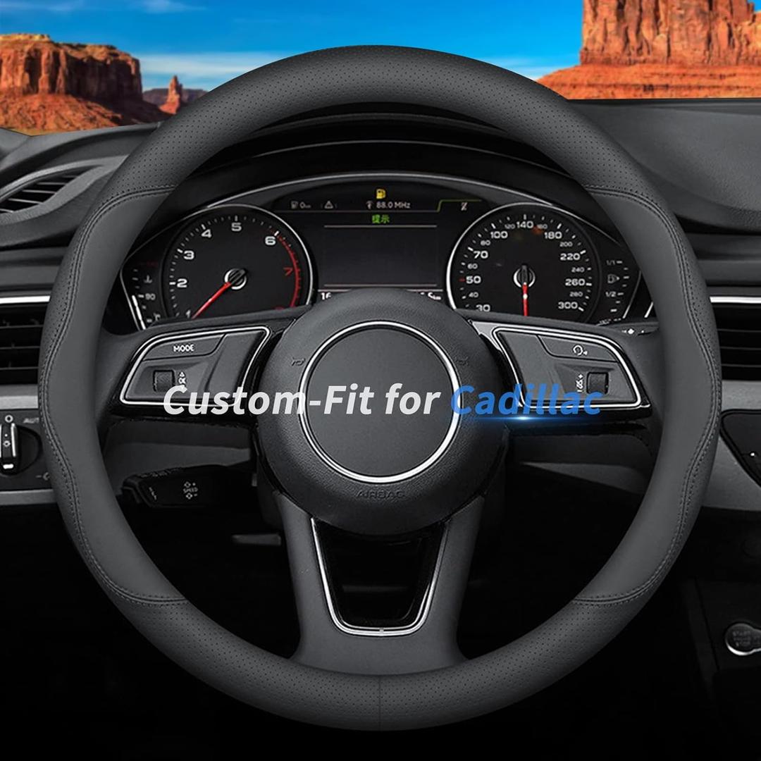 Deer Route Custom-Fit for Cadillac Steering Wheel Cover, Premium Leather Car with Logo, Non-Slip, Breathable, Accessories (B-Style, Cadillac)