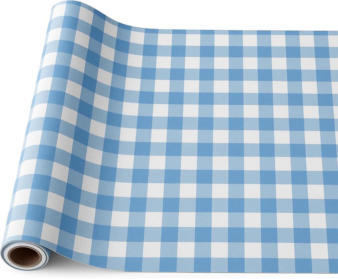 Tinlade Blue White Checkered Paper Table Runner Roll 25' Long x 16" Wide Disposable Gingham Table Runner for Easter Spring Birthday Party Wedding Baby Shower Bridal Holiday Tabletop Home Decor