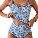 Eomenie Tankini Swimsuit for Women Tummy Control Ruched Two Piece Bathing Suits High Waisted Shell Stitch Swimwear (Small, Blue Floral)
