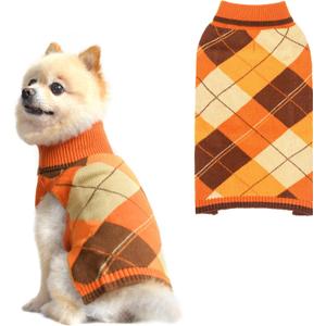 KOOLTAIL Dog Sweater Pet Knitted Clothes - Classic Plaid Pullover Turtleneck Fall Thanksgiving Dog Sweaters with Leash Hole, Thick Cold Weather Dog Outfits for Small Medium Large Dogs Cats Puppy S/M, Orange