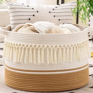 KAKAMAY Large Blanket Basket (20"x13"),Woven Baskets for storage Baby Laundry Hamper, Cotton Rope Blanket Basket for Living Room, Laundry, Nursery, Pillows, Baby Toy chest (White Fringe)