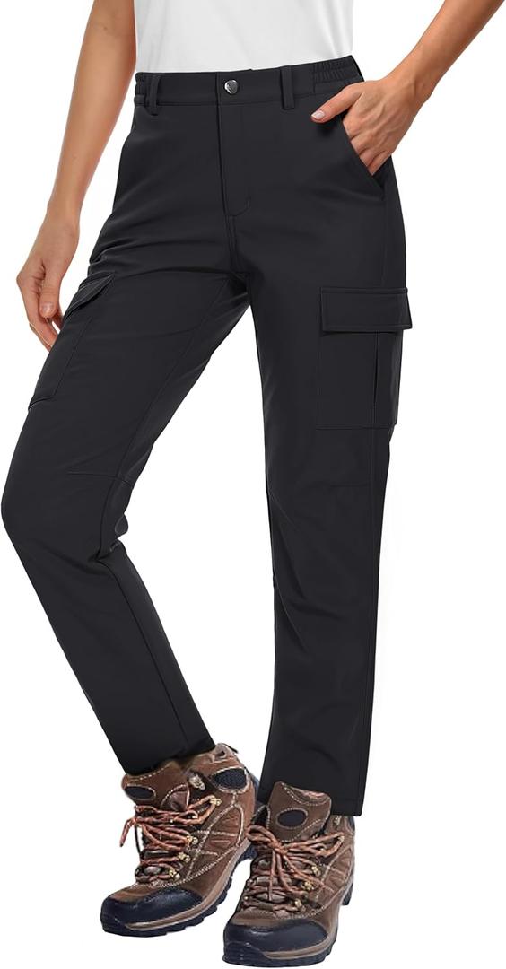 MAGCOMSEN Women's Fleece Lined Winter Hiking Waterproof Insulated Outdoor Snow Ski Softshell Pants for Cold Weather (Black)