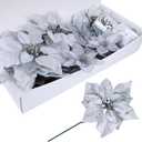 Winlyn 26 Set 3 Style Christmas Silver Glitter Poinsettia Flowers Picks Xmas Tree Ornaments and 12 Yards Decorative Silver Glittered Wired Ribbon for Silver Christmas Tree Wreath Garland Holiday Dcor