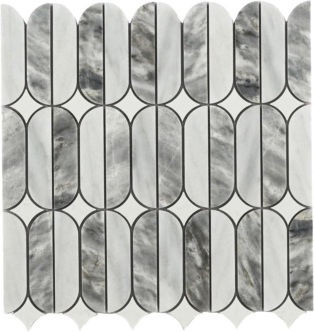 Mosaic Tile Backsplash Tiles for Kitchen 5 Sheets Bathroom Floor Wall Interior Decorative Water-Jet Stone Mosaic Tiles for Kitchen Wall Floor Backsplash 4.78 Square Feet (Gray and White)