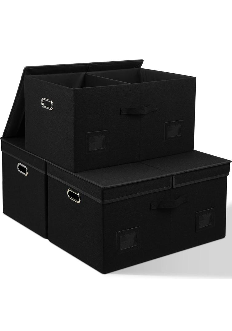 75 Quarts Extra Large Decorative Storage Bins with Lids, 3 Packs Black Collapsible Storage Bins with Lids, Stackable Storage Bins Decorative Box Storage With Lid Extra Large