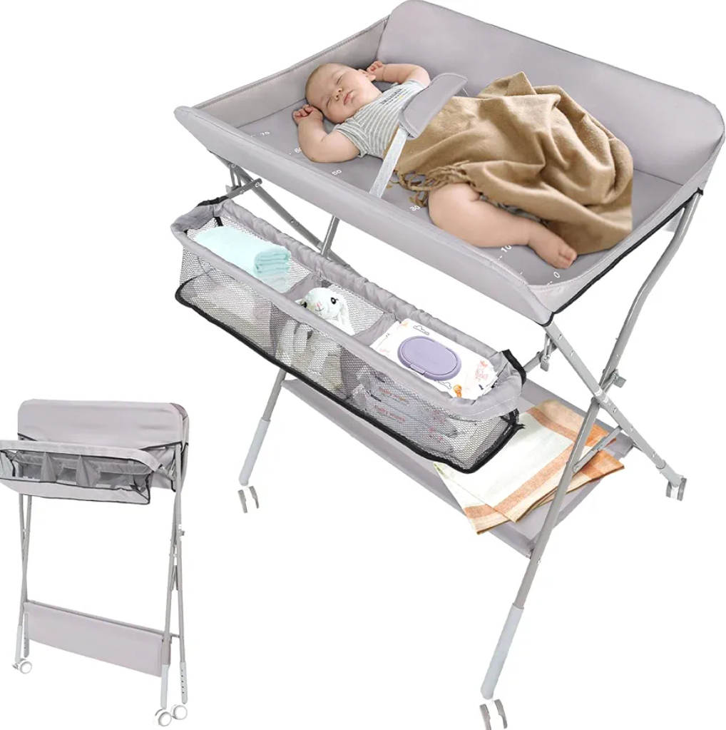 BlissBoard Portable Diaper Changing Table with Wheels for Baby, Mobile Folding Changing Station with 5-Level Adjustable Height and Large Storage Rack & Shelf