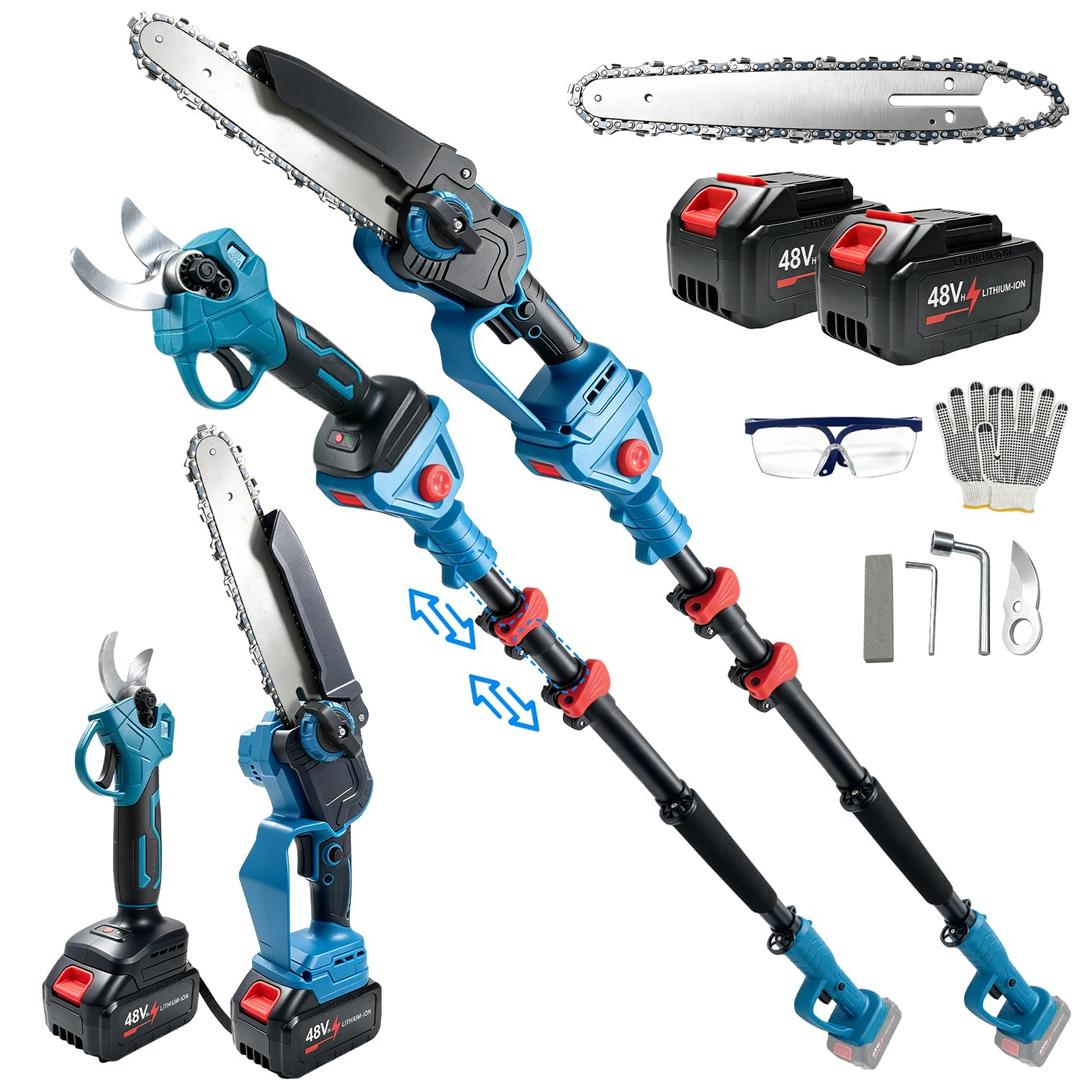 4-in-1 Electric Pruning Shears & Mini Chainsaw with Extendable Pole, Brushless Motor 8" Pole Saw &1.5" Cut Cordless Tree Pruner Kit with 2×3.0Ah Batteries,LCD Display, for Tree Yard Garden Orchad