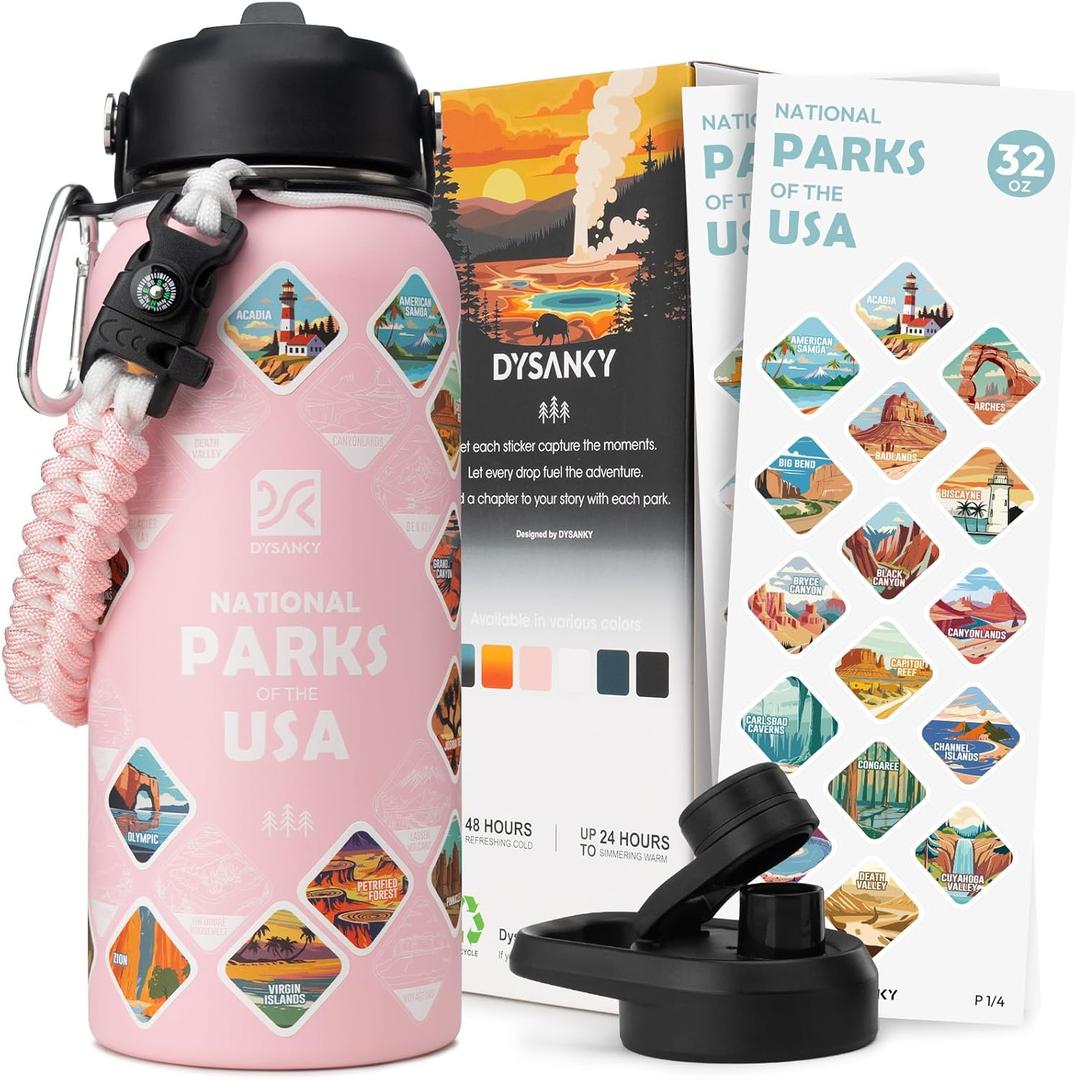National Parks Water Bottle  32 oz Insulated Stainless Steel Water Jug with 63 Hand-Drawn Park Stickers, Outdoor Accessories & Gift Box  BPA-Free  Ideal for Hiking, Camping & Travel (Pink)