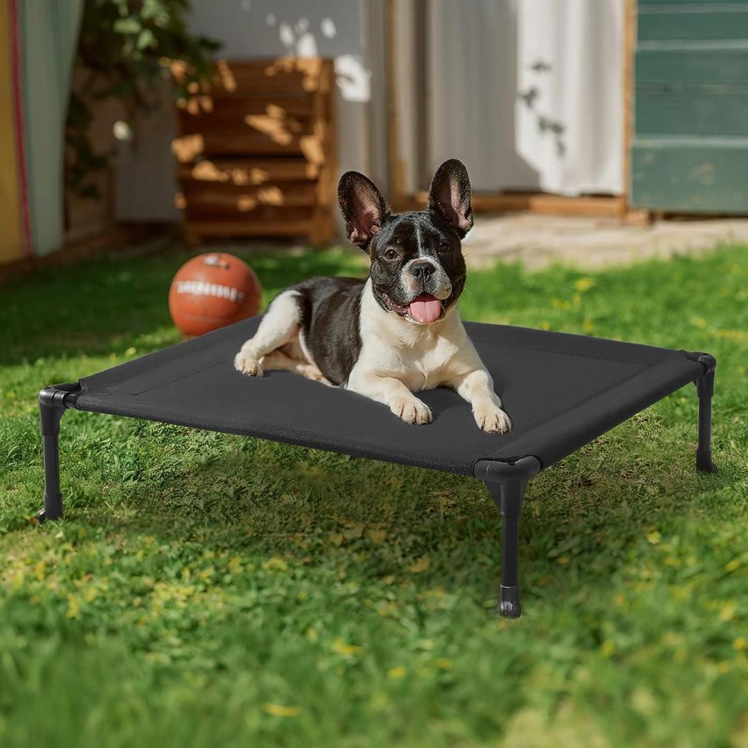 Veehoo Outdoor Elevated Dog Cot Bed, Cooling Raised Pet Bed for Medium Dogs, Washable Breathable Mesh Hammock Bed with No-Slip Feet, Indestructible Ground Off Training Platform Cot-32"x25" Black