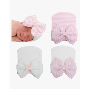 DRESHOW BQUBO Newborn Hospital Hat Infant Baby Hat Cap with Big Bow Soft Cute Knot Nursery Beanie, 2 Pack
