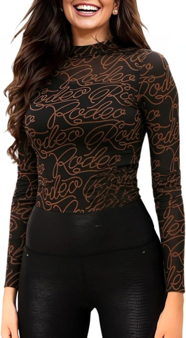 Womens Mesh Long Sleeve Tops Mock Neck Sexy Sheer See Through Tee Shirts Party Club Night Lace Blouse (Rodeo Print)