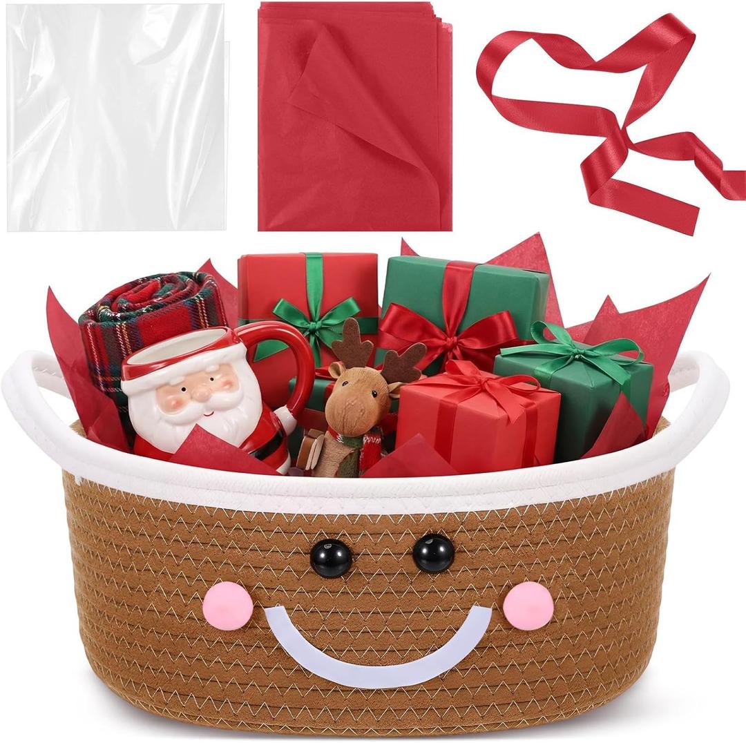 Zopeal Christmas Woven Basket with Gift Bag, Ribbon and Red Tissue Paper Gingerbread Man Emoticon Woven Bin Empty Shelf Basket Holiday Decorative for Xmas Gifts, 12 x 8 x 5 inch