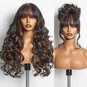 GORGIUS Highlight Wigs with Bang Body Wave Wig Long Natural Highlights Glueless Wavy Wig Crafted with Style-Archive Premium Fiber, Realistic Look with True Scalp Highlights Mixed Natural Black