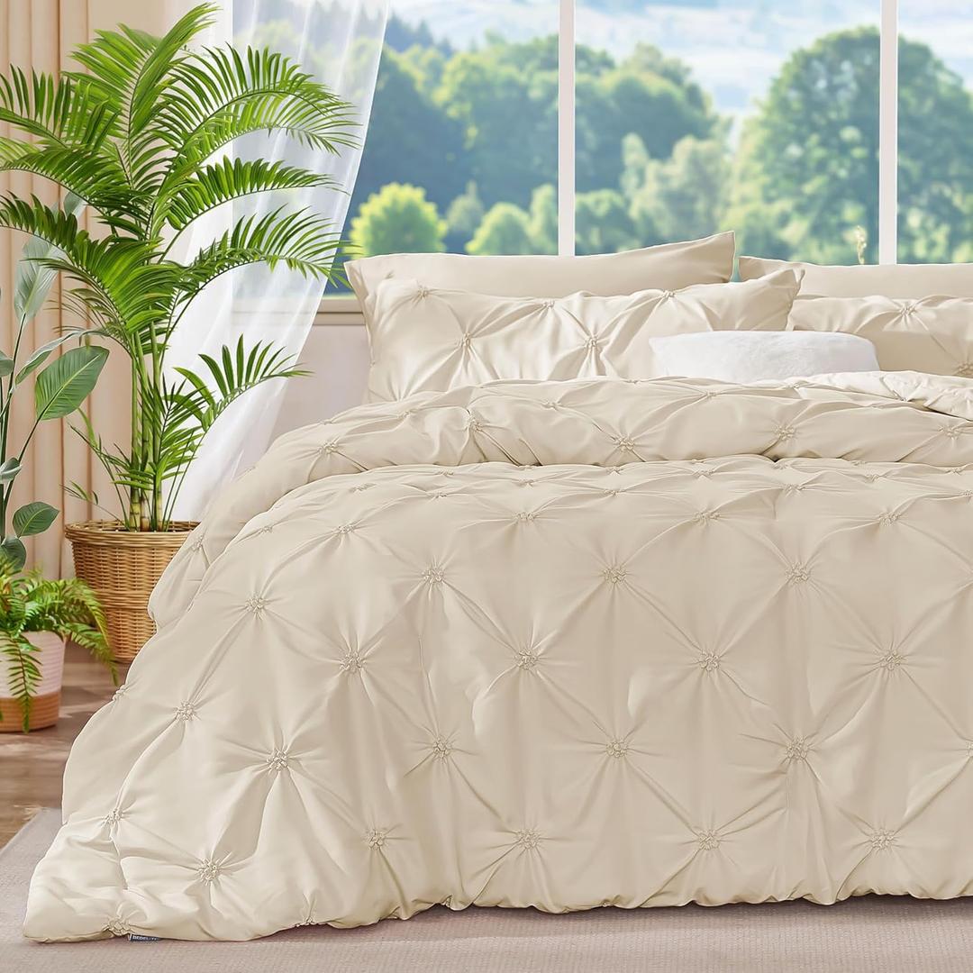 BEDELITE Beige Queen Comforter Set - 3 Pieces Boho Pintuck Bedding Comforter Sets, Lightweight Soft & Warm Bed Comforter Queen with 2 Pillowcases for All Season (Queen(88"x88"))