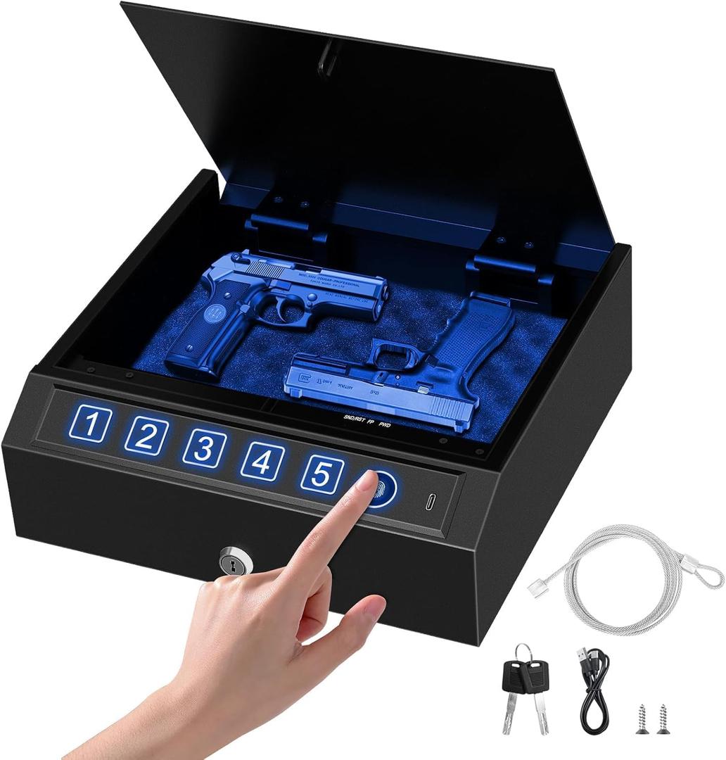 Biometric Gun Safe for Handgun 3-Ways unlock Fingerprint Digital PIN Key Unlock Pistol Safe with Security Cable Gun Lock Box With Interior Light For Nightstand Car & Home Security Wall safe