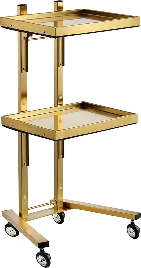 Multifunctional 2-Tray Utility Cart on Wheels - Gold 2-Level Medical Trolley Cart - Mobile Storage Tray Cart for Dental Tools, Cavitation Machine, Salon Supplies - Brass Foldable Storage Trays, Pack of 2