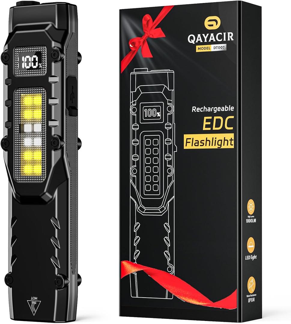 EDC Flashlight Rechargeable, 1000 High Lumens Flash Light with Red Beam, UV and White LED, 9 Modes Flat Pocket Flashlight with LCD Digital Display, Mini Flashlights for Home Outdoor Emergency, Small