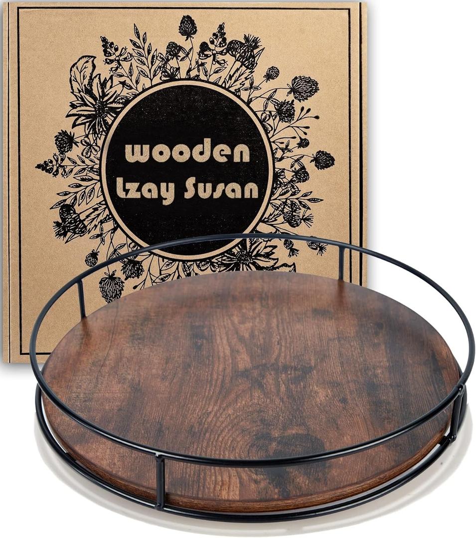 12 Inch Wood Lazy Susan, Rustic Brown Turntable Organizer with Steel Frame, 360 Degree Decorative Turntable for Countertop or Centerpieces Black Wood 12 Inch Wood Lazy Susan, Rustic Brown Turntable Organizer with Steel Frame, 360 Degree Decorative Turntable for Countertop or Centerpieces Black Wood