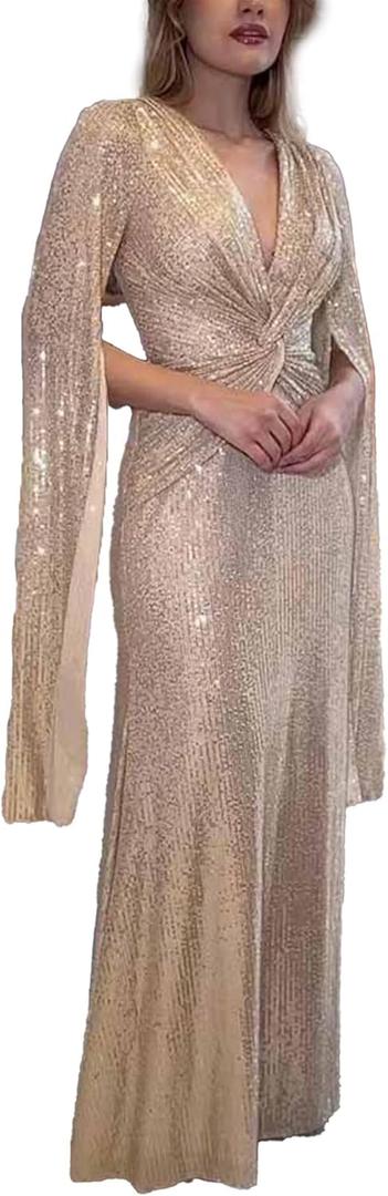 xxxiticat Women's Sequin Prom Dress Long Cape Sleeve V Neck Front Twist Knot Evening Party Wedding Slit Maxi Gown Dresses (Medium, Gold)
